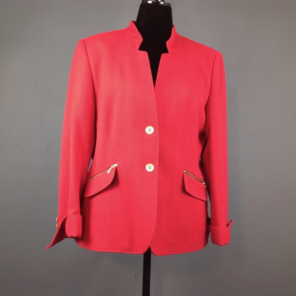 Mary Kay By Twinhill Blazer Womens XL Red Collarless Zip Pocket Gold Button
